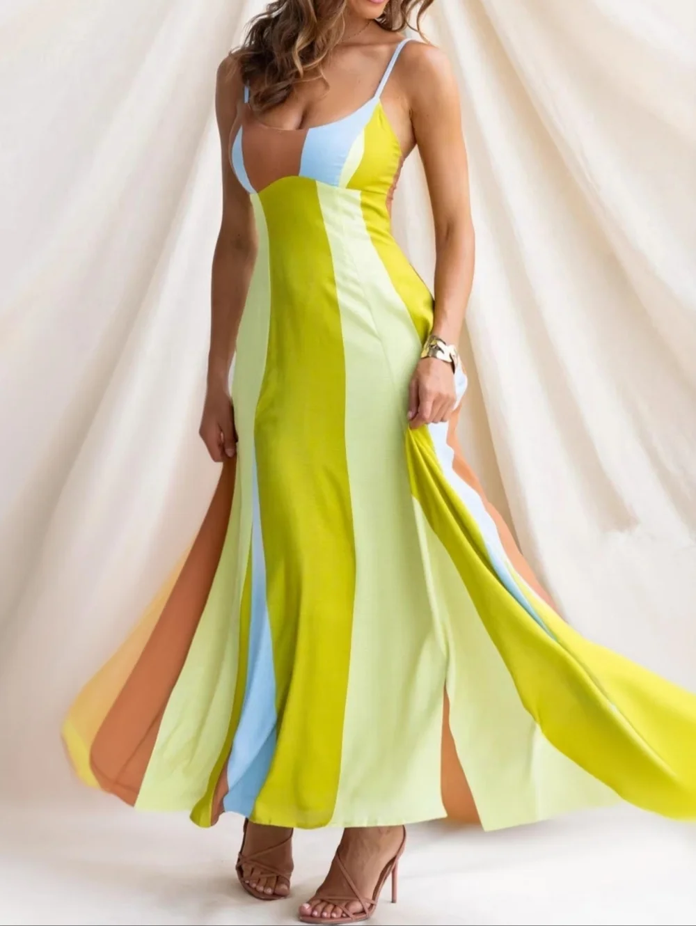 Sleeveless Colorblock Maxi Dress in Lemon Lime - Picture 5 of 6